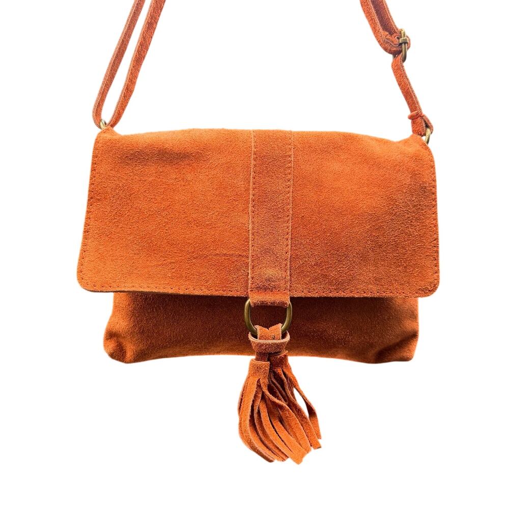 Genuine Suede Leather Rust Orange Crossbody Bag Tassel Boho Western Purse